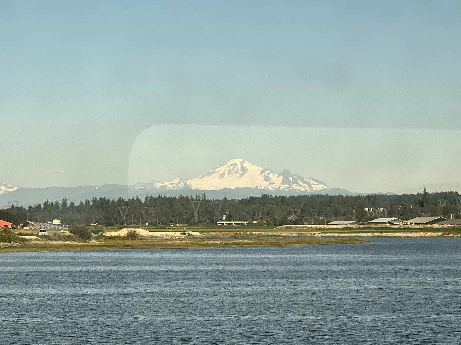 Mount Baker through the window on the Amtrak Cascades train from Vancouver to Seattle