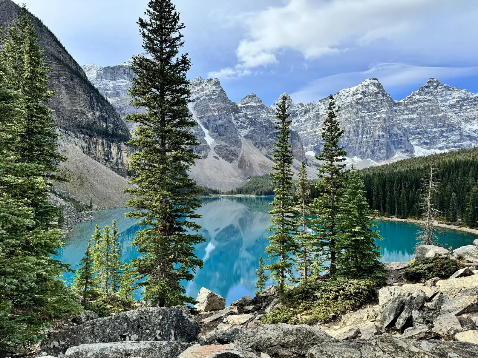 Moraine Lake, turquoise water below the snow-dusted Valley of the Ten Peaks in Banff National Park