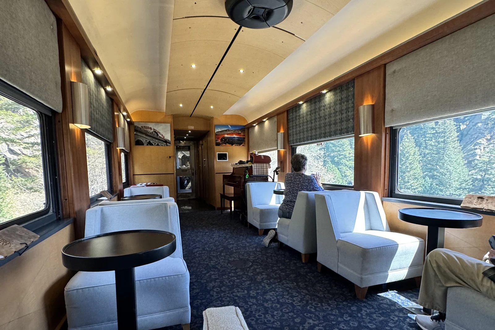 The Premier lounge car on Canyon Spirit, with armchairs, tables and large windows