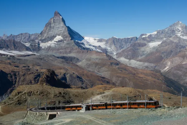 The Matterhorn rising above the Gornergrat ridge near Zermatt in the Swiss Alps