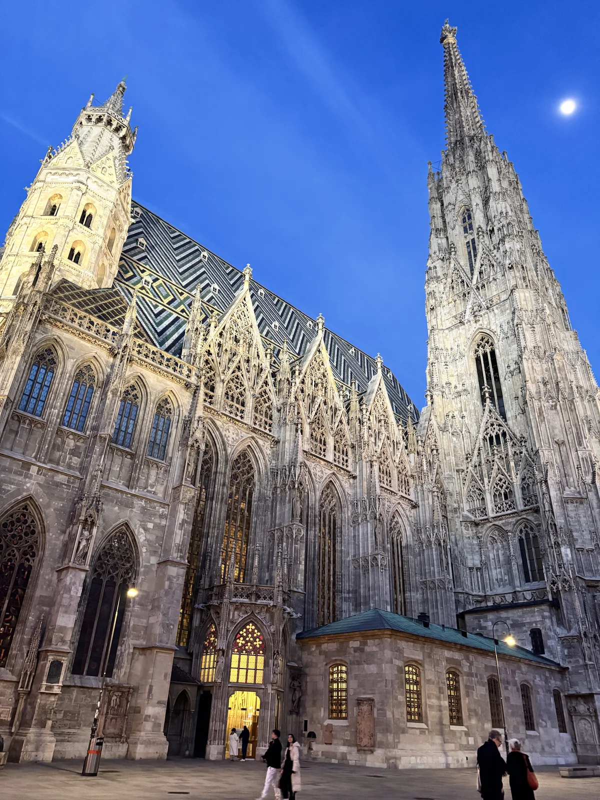 St Stephen's Cathedral in Vienna at dusk, its patterned roof and spire lit against a deep blue sky with the moon above.