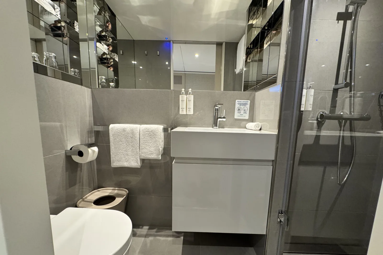 The bathroom in a dedicated single stateroom on a river ship, with a full walk-in shower, a vanity with storage underneath and a mirrored cabinet