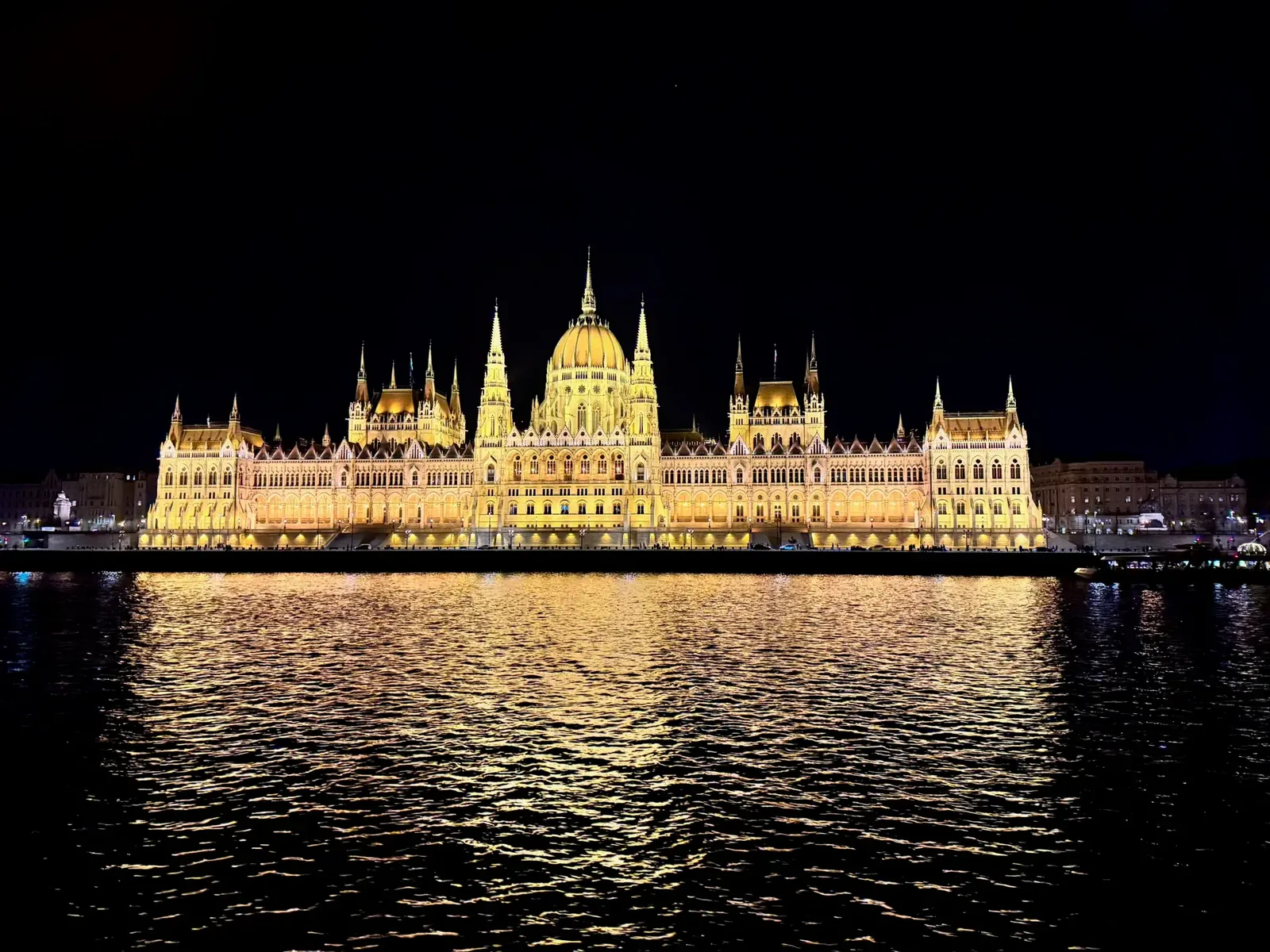 Sailing into Budapest at night on Avalon river cruise ship