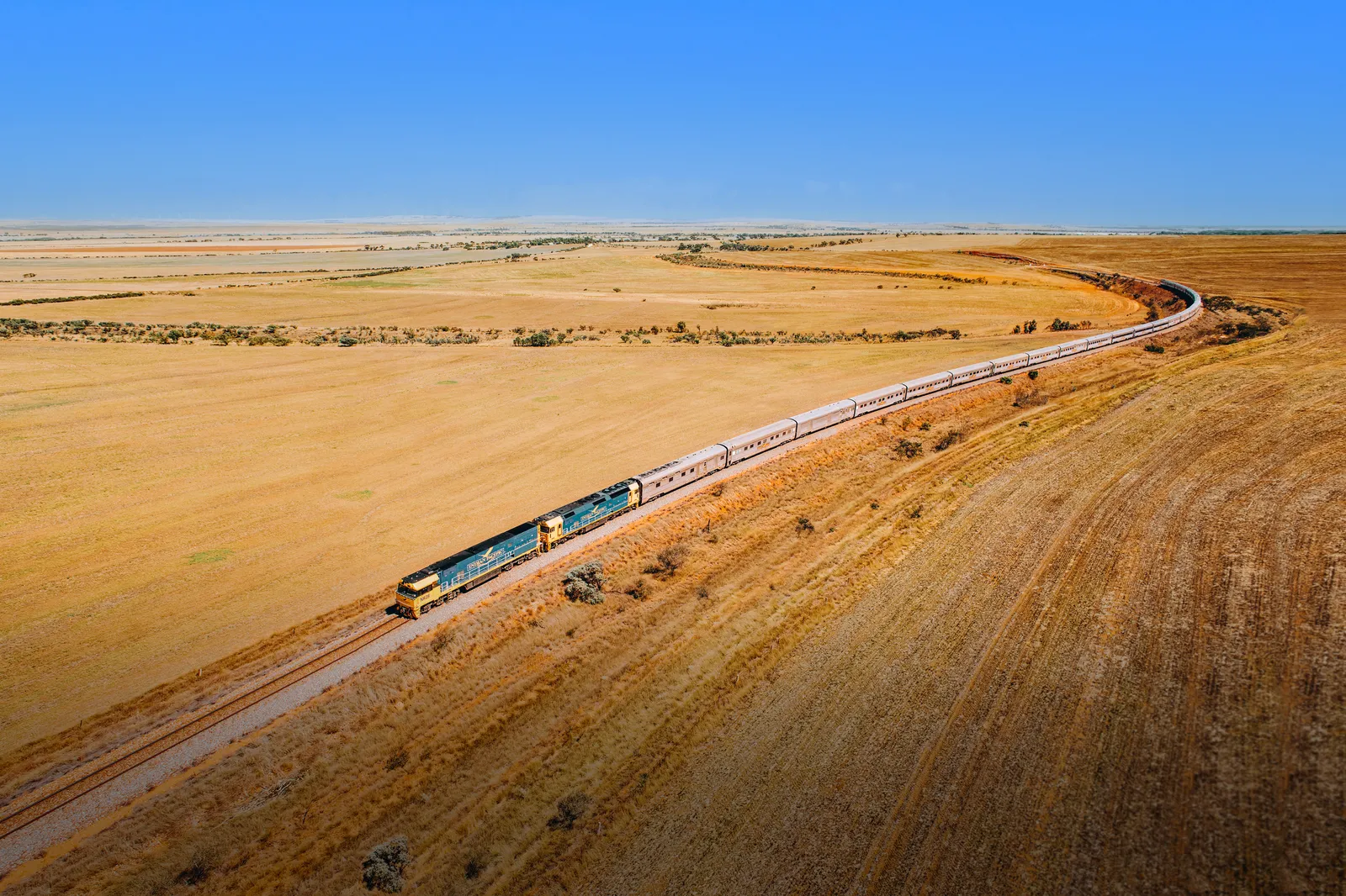 The Indian Pacific train curving through golden farmland in South Australia's Clare Valley